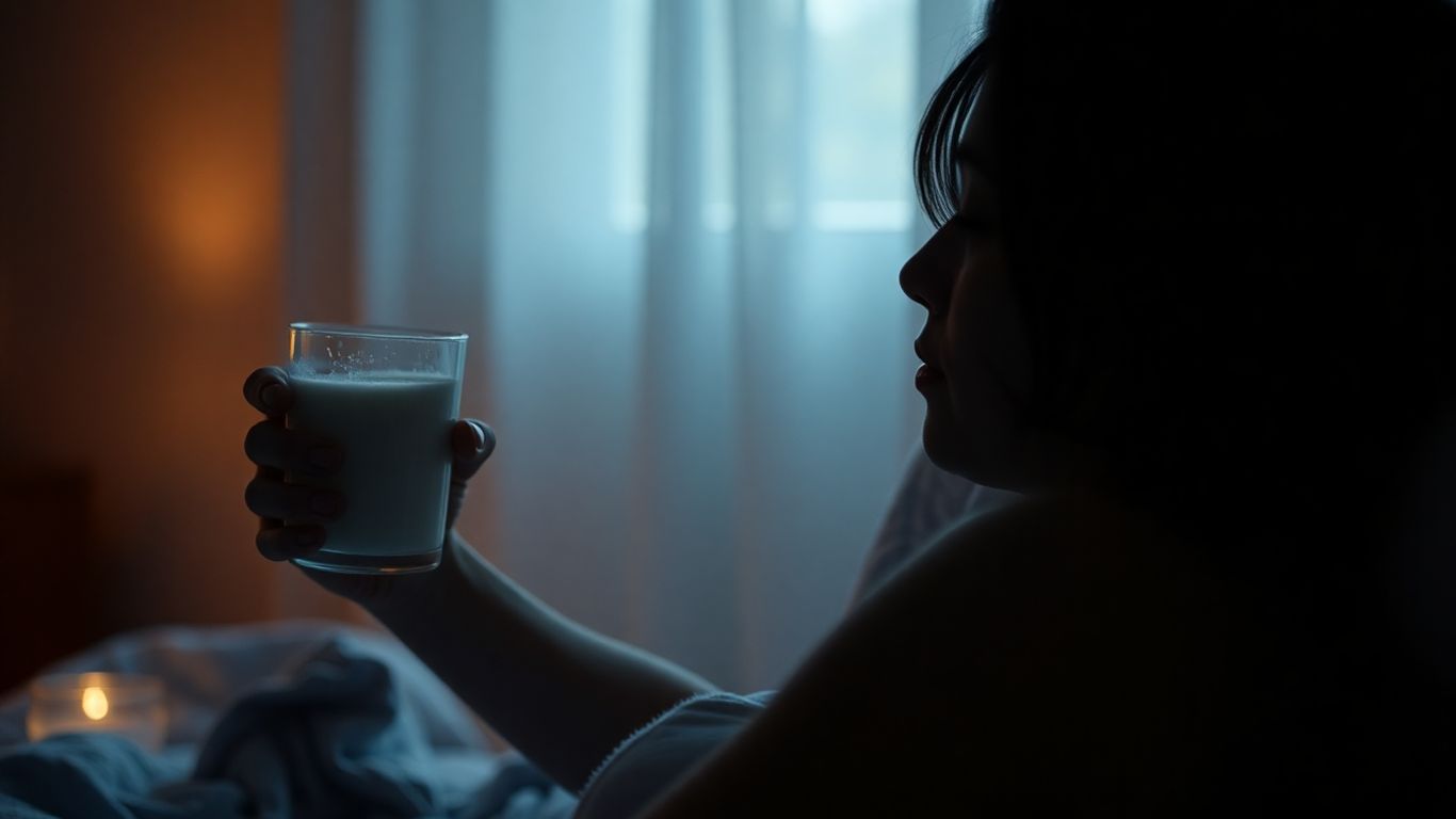 Person drinking milk in bed before sleep.