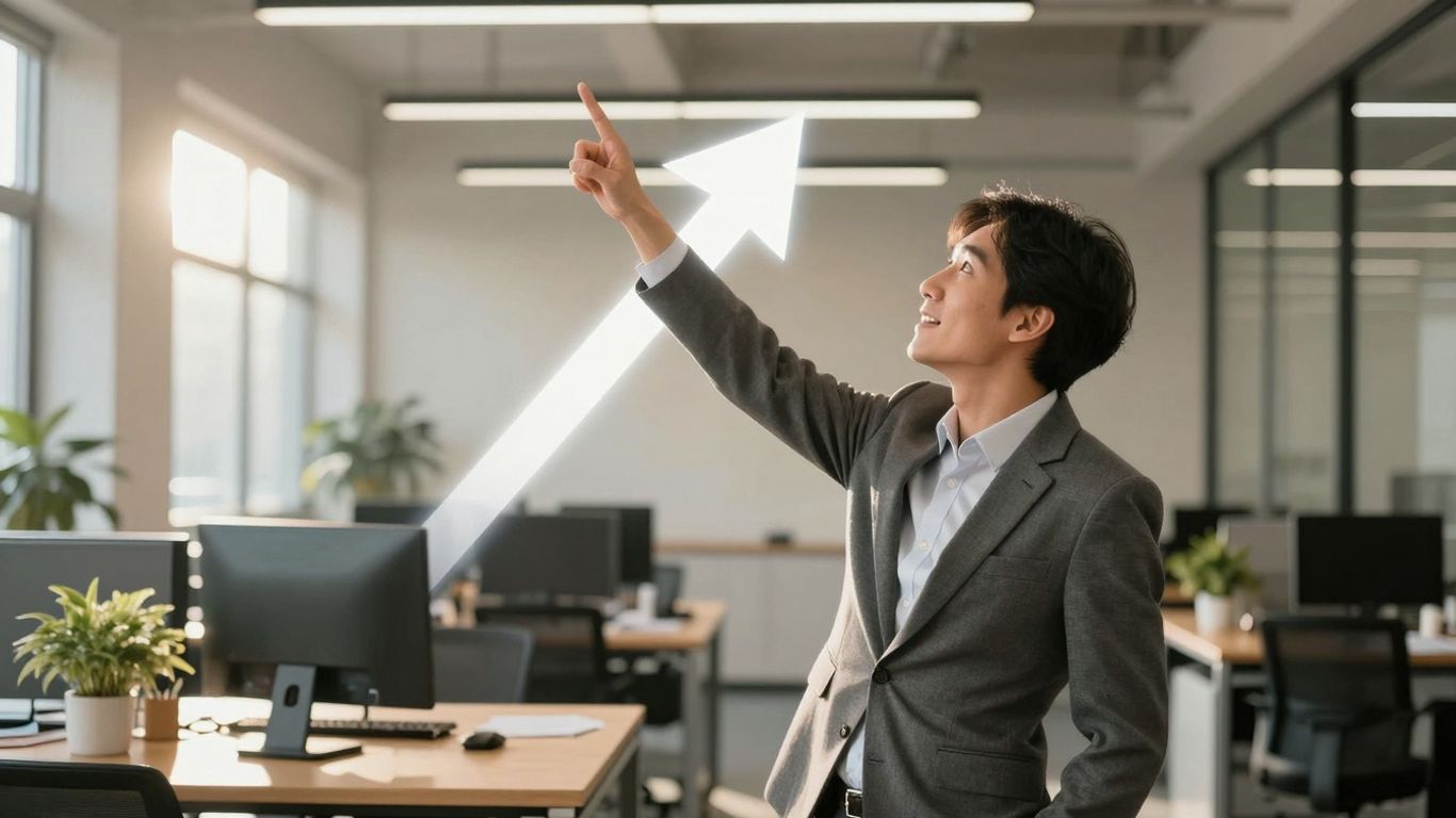 Person pointing to upward growth arrow