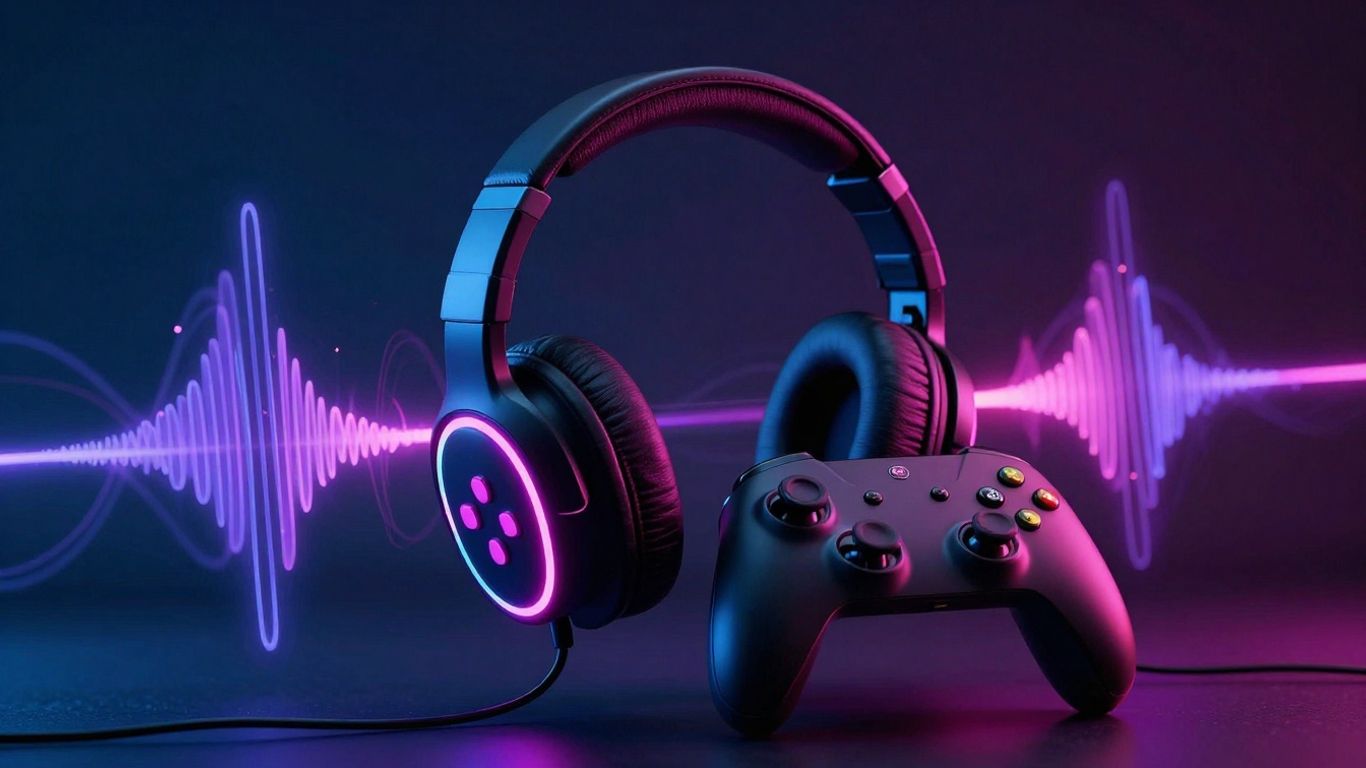 Gaming headphones and controller with soundwaves.