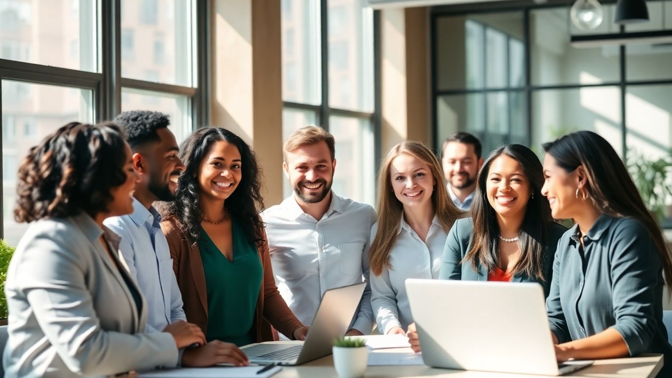 Profissionais sorrindo em um escritório moderno e iluminado.