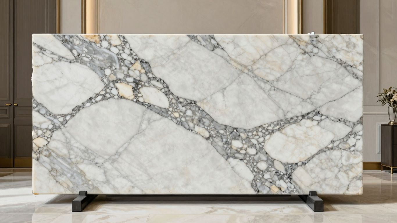 Boceto de losa de mármol Arabescato con vetas grises.