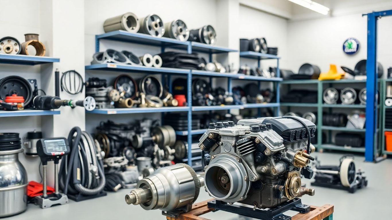 Skoda car parts arranged in a workshop