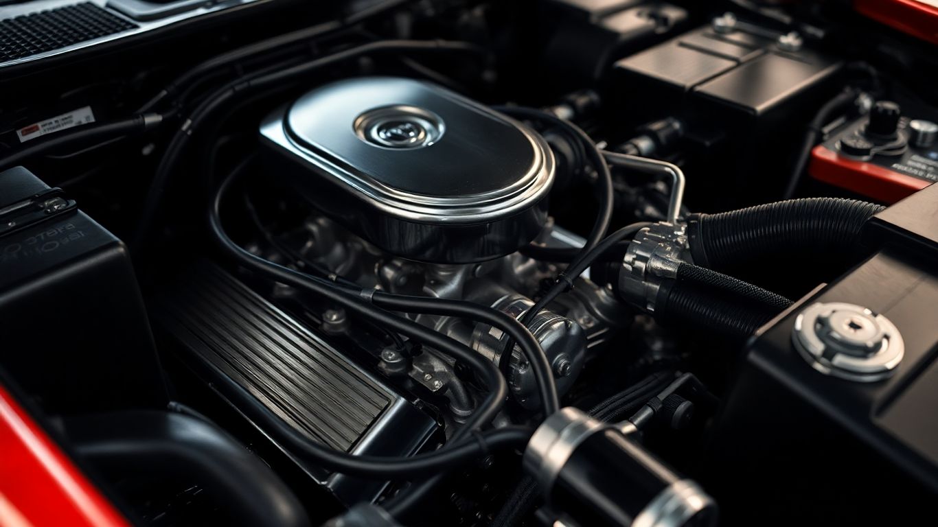 Moteur de voiture avec câbles et composants mécaniques visibles.