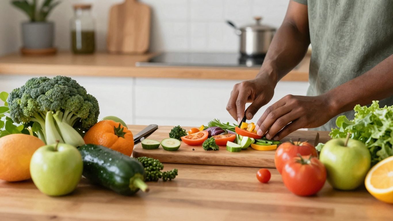 Fructe și legume proaspete pe un blat de bucătărie.