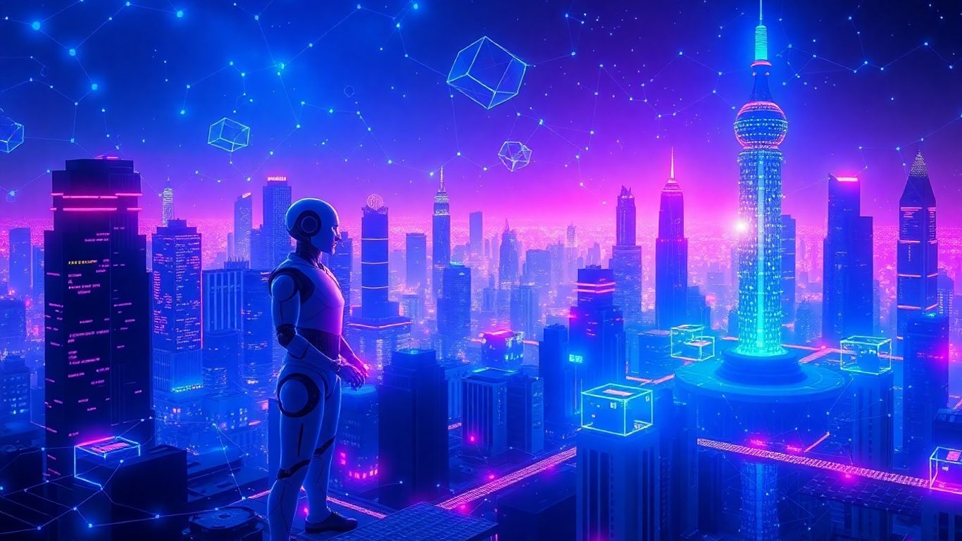 AI and blockchain convergence in a futuristic digital landscape.