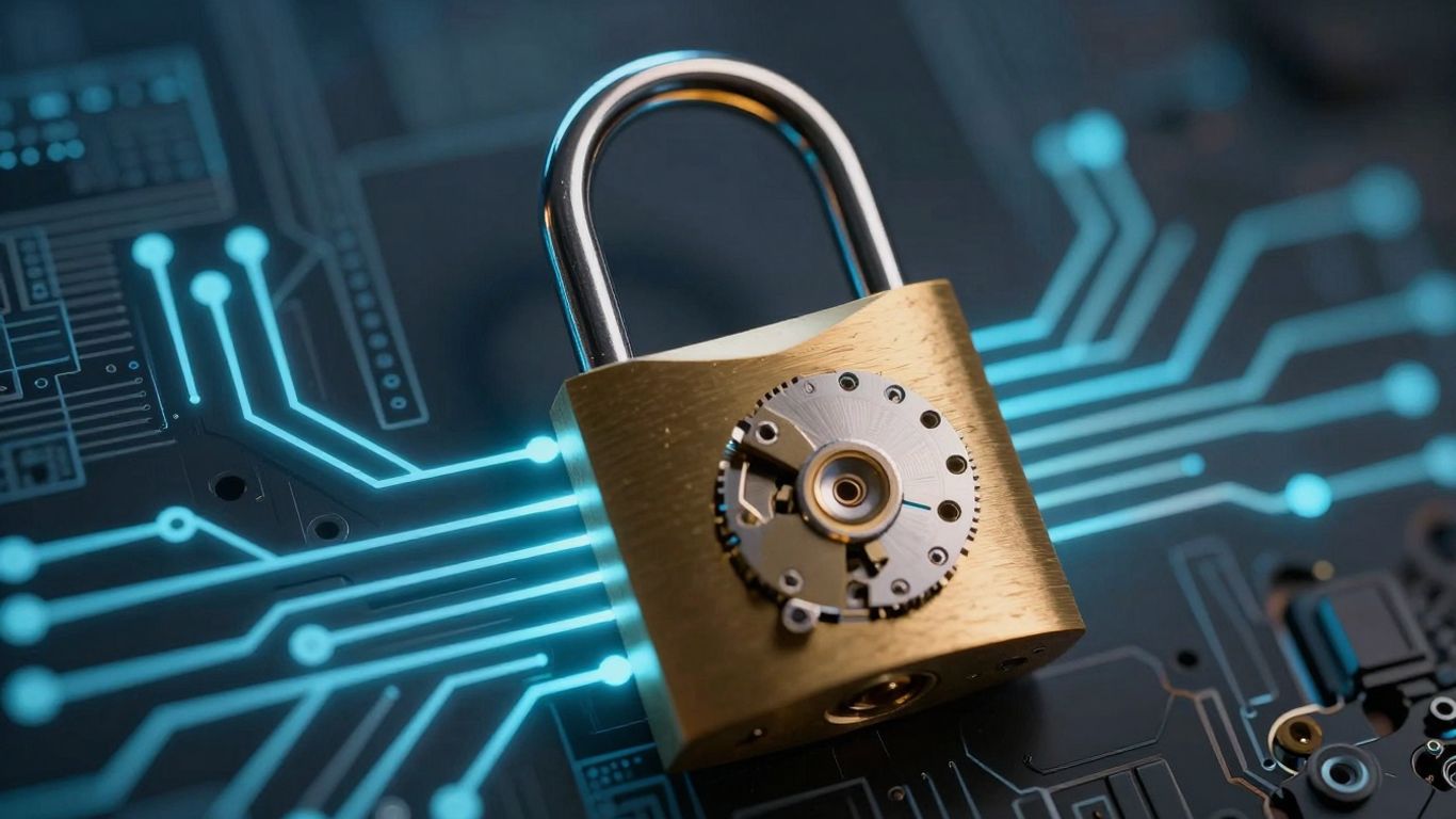 Digital padlock on circuit board, cyber security concept.