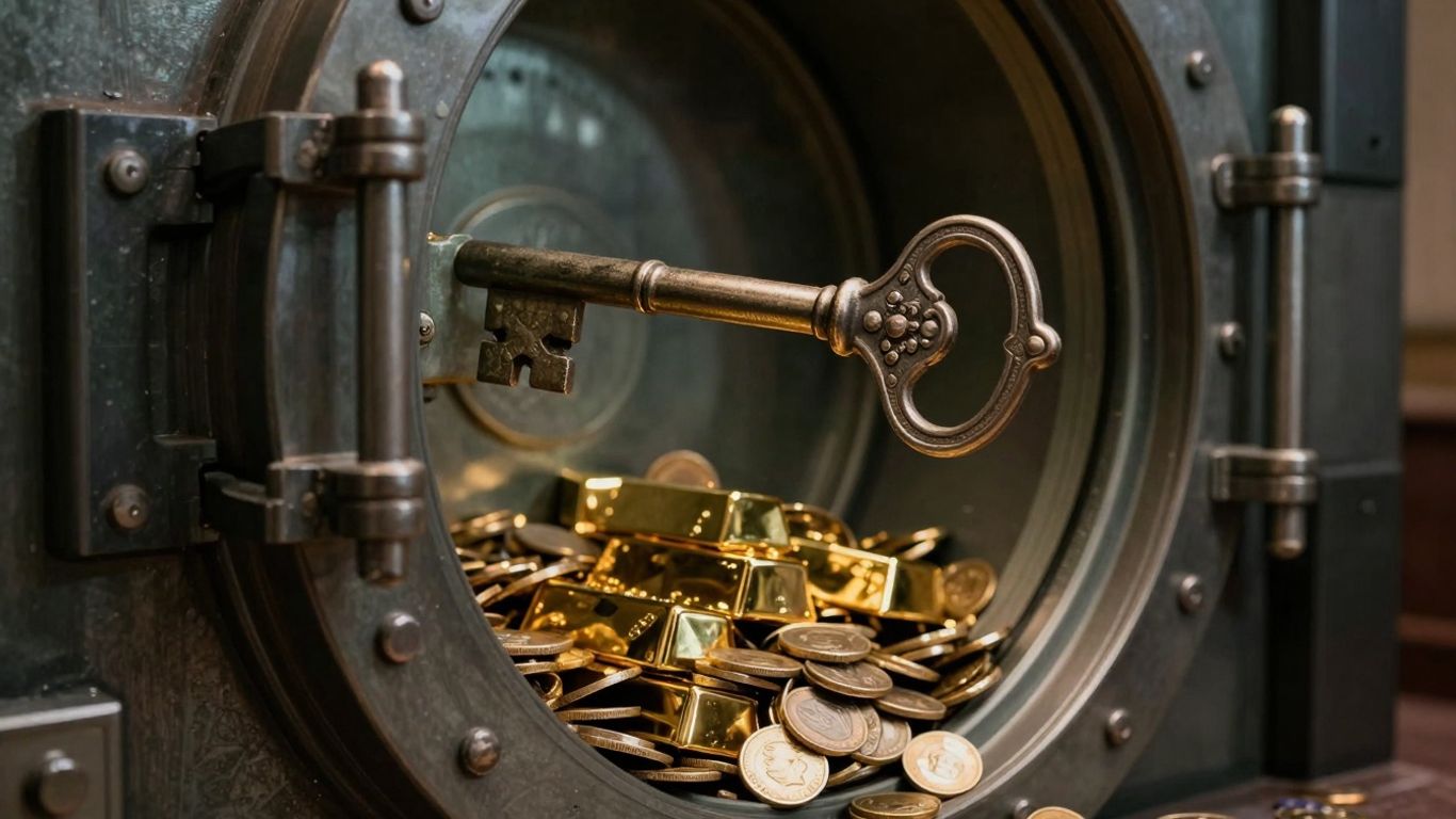 Cheie antică deschizând un seif plin cu aur.