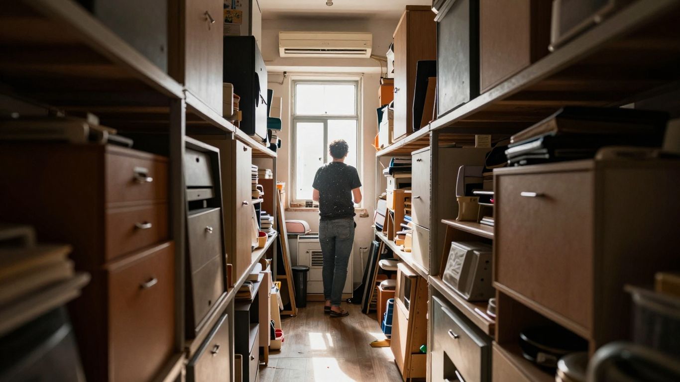Cramped Hong Kong apartment interior with stacked furniture.
