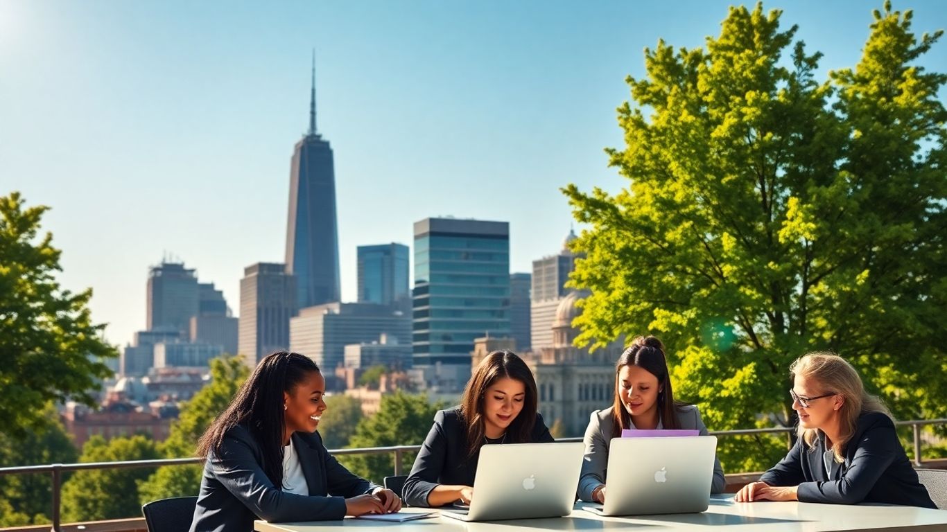 Rochester NY skyline with business professionals collaborating.