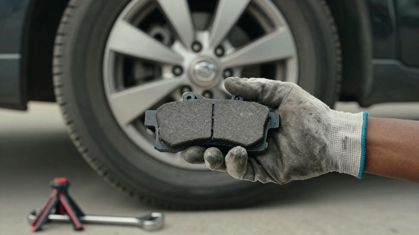 Hands replacing Nissan brake pads on car wheel.