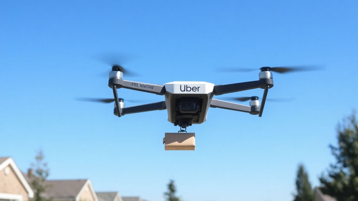 Drone Uber livrant un colis dans un quartier résidentiel.