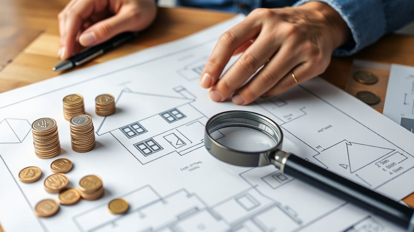 Persona revisando planos de casa con monedas.