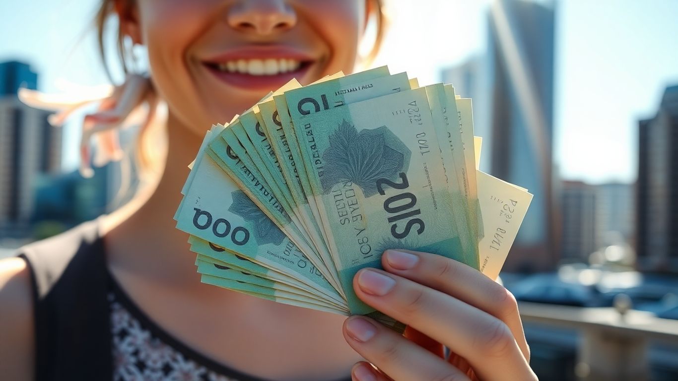 Australian dollars and a person with a city background.