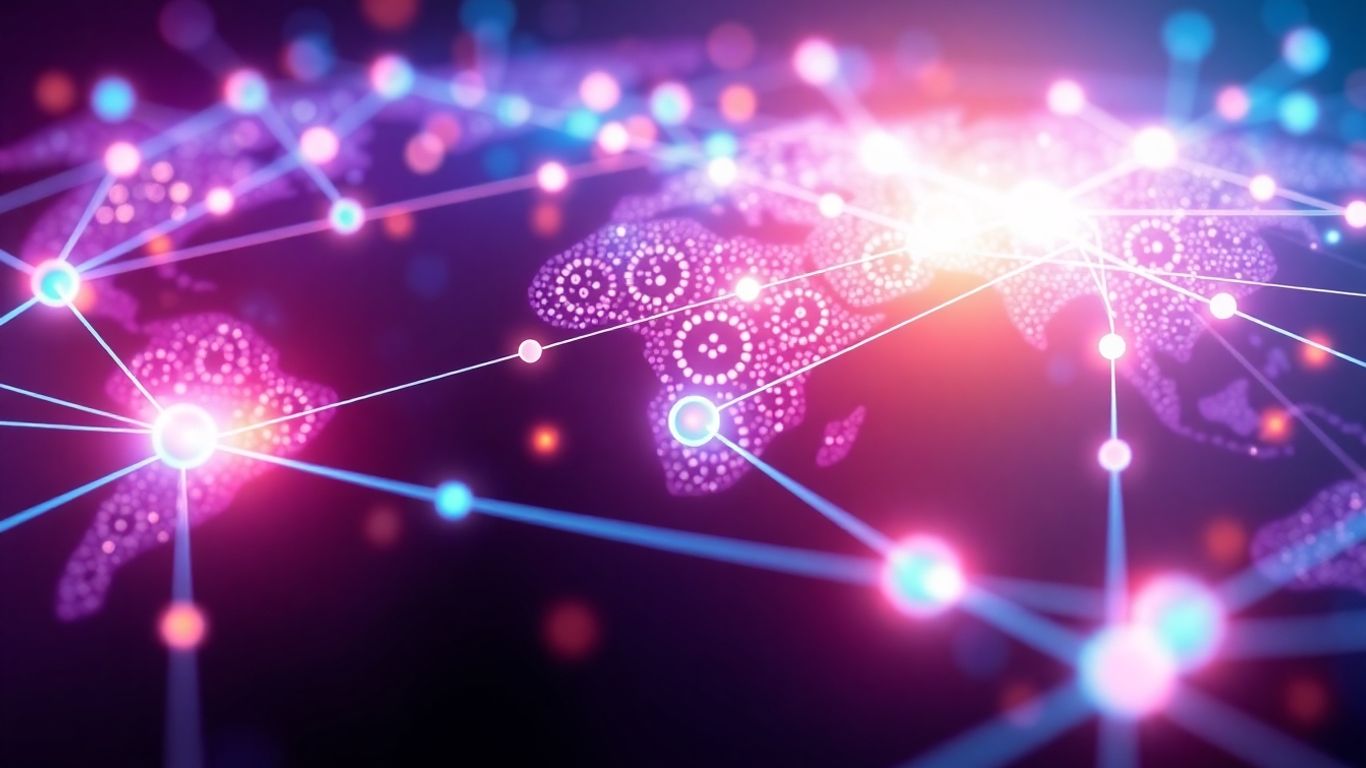 Global network illustration with glowing nodes and connecting lines.