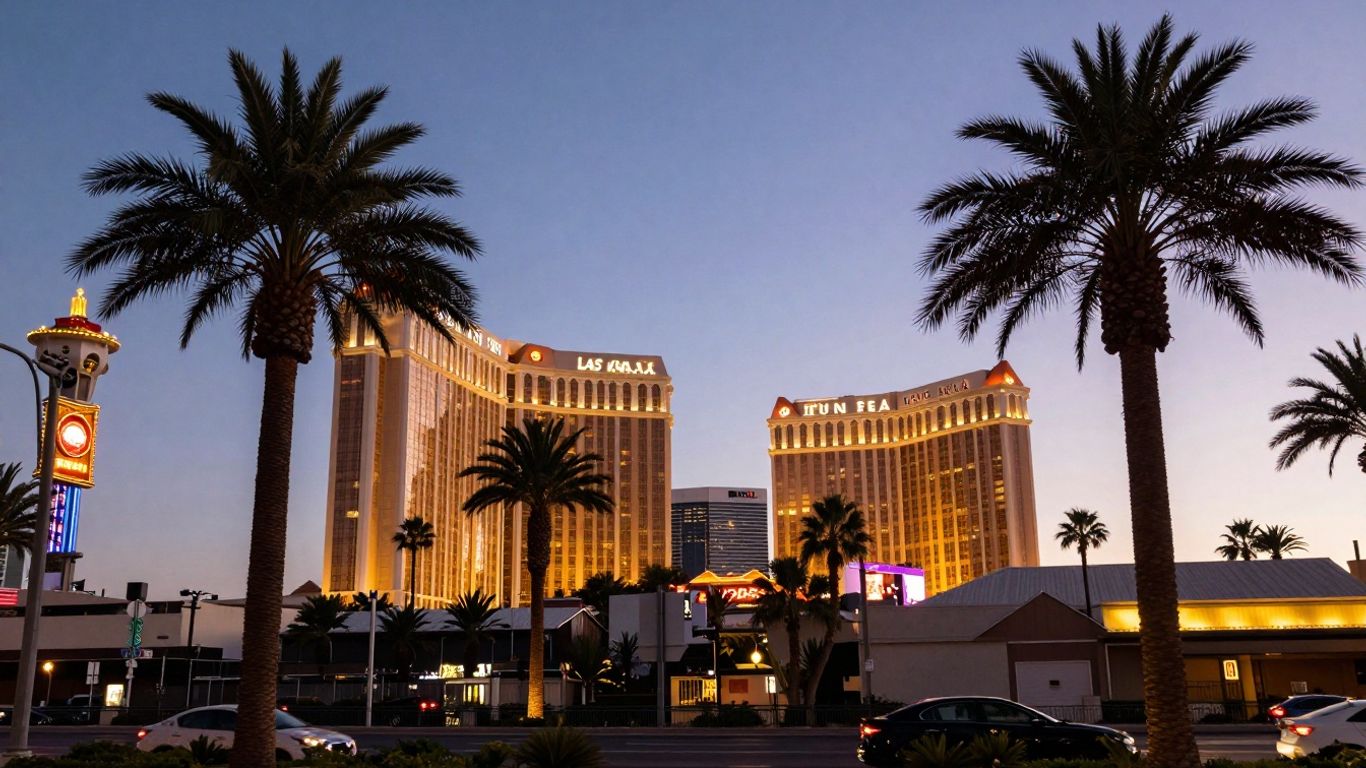 Las Vegas skyline at dusk with palm trees.