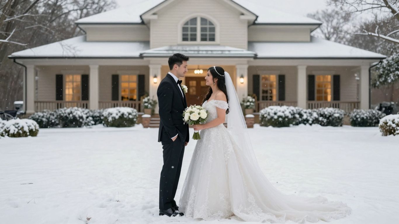 Elegant winter wedding venue in North Dallas with snow.