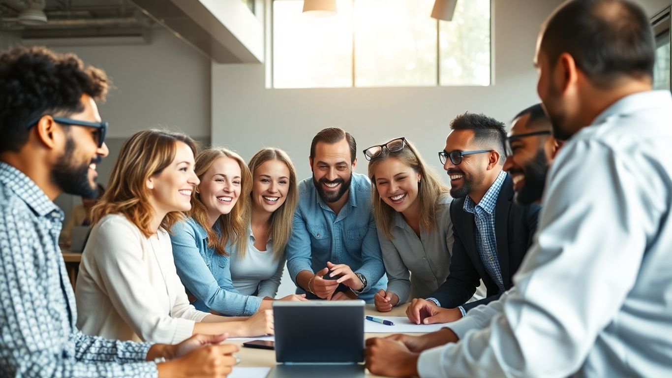Team collaborating happily in a bright office.