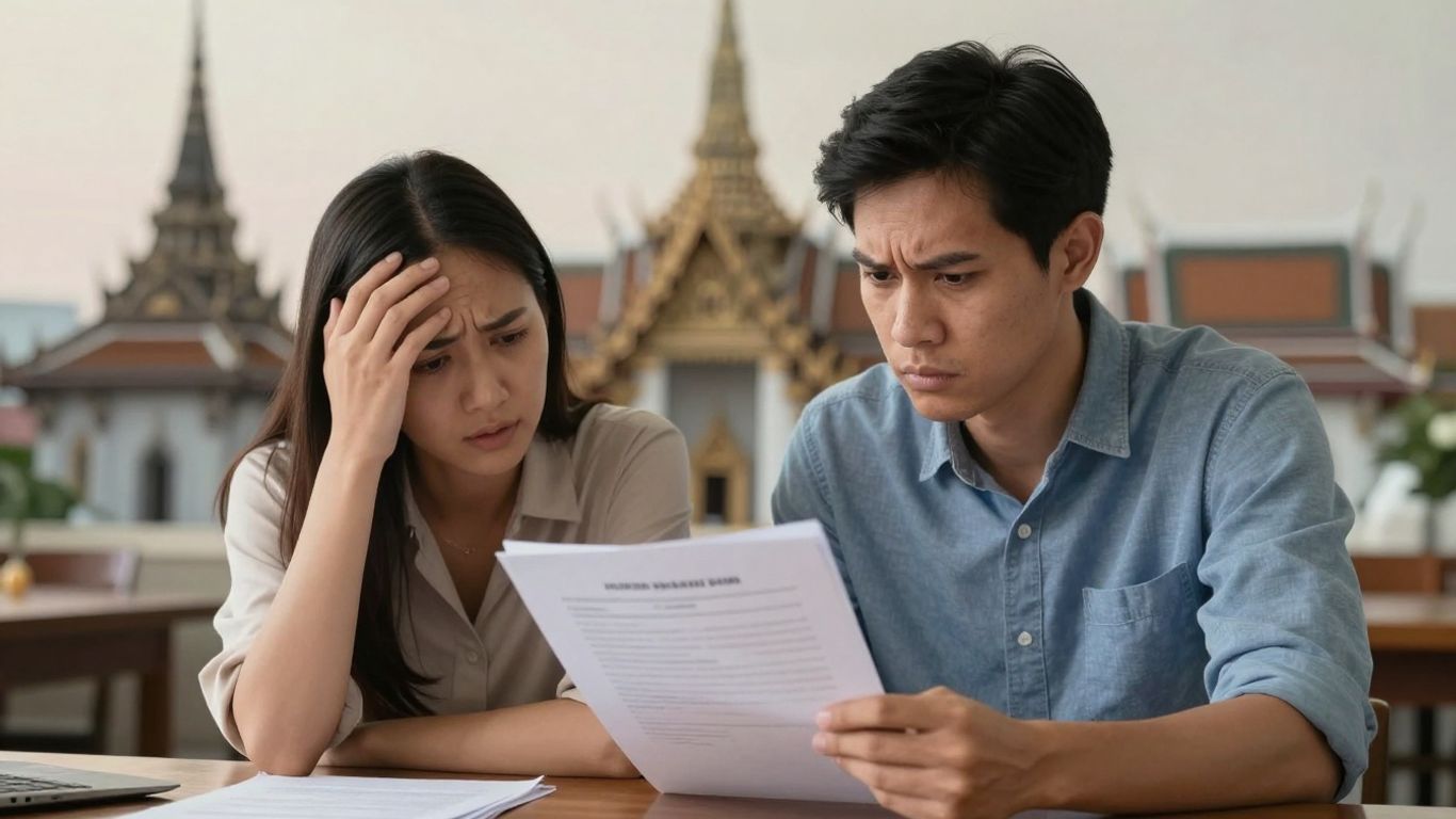 Couple looking confused at Thai property documents.
