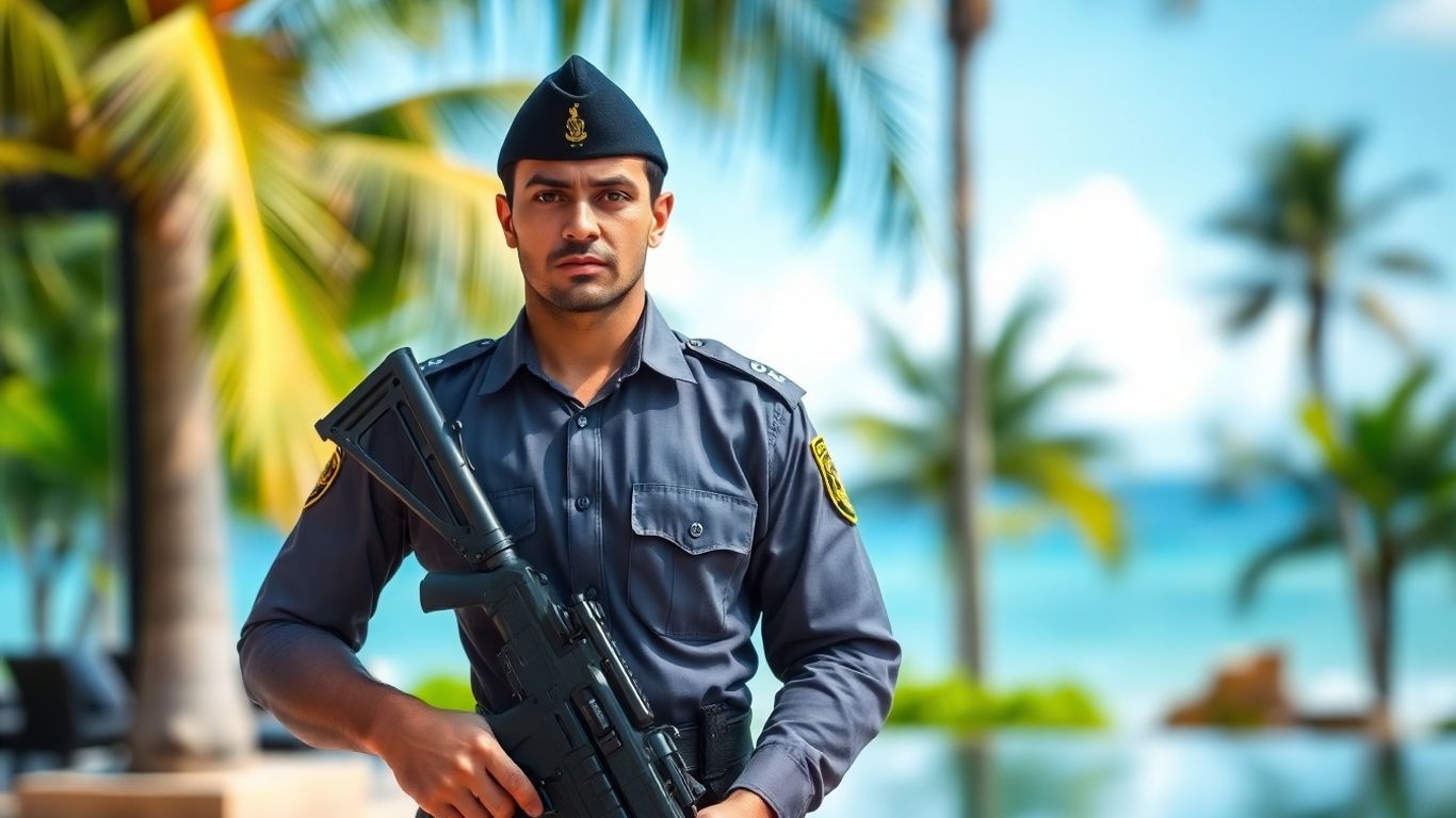 Armed bodyguard in Bali, ready for duty.