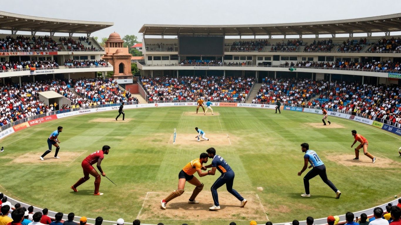 Indian sports evolution: traditional wrestling to modern stadiums.