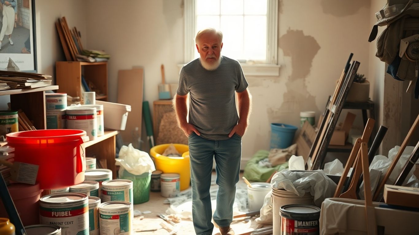 Homeowner surrounded by painting supplies in a room.