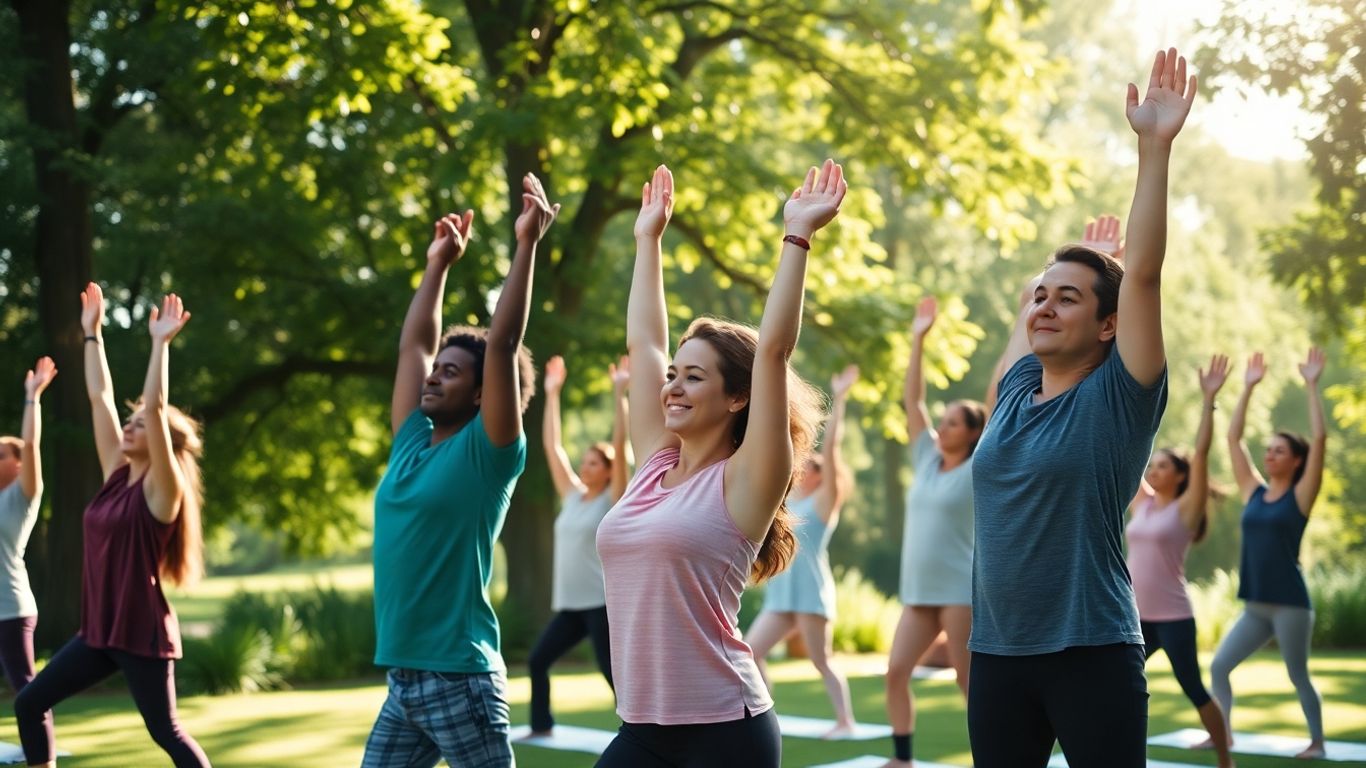 People stretching outdoors during a health retreat.