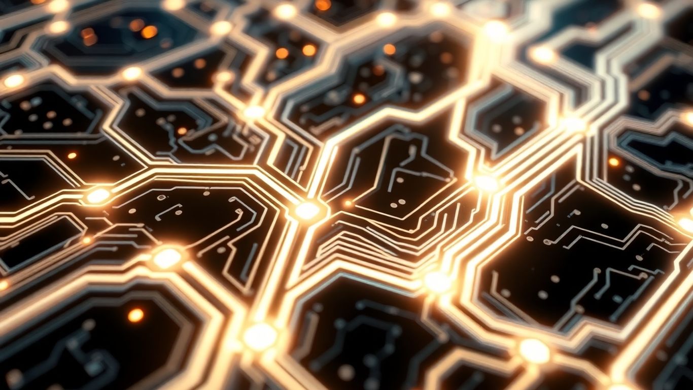 Glowing circuit board with branching pathways and light trails.
