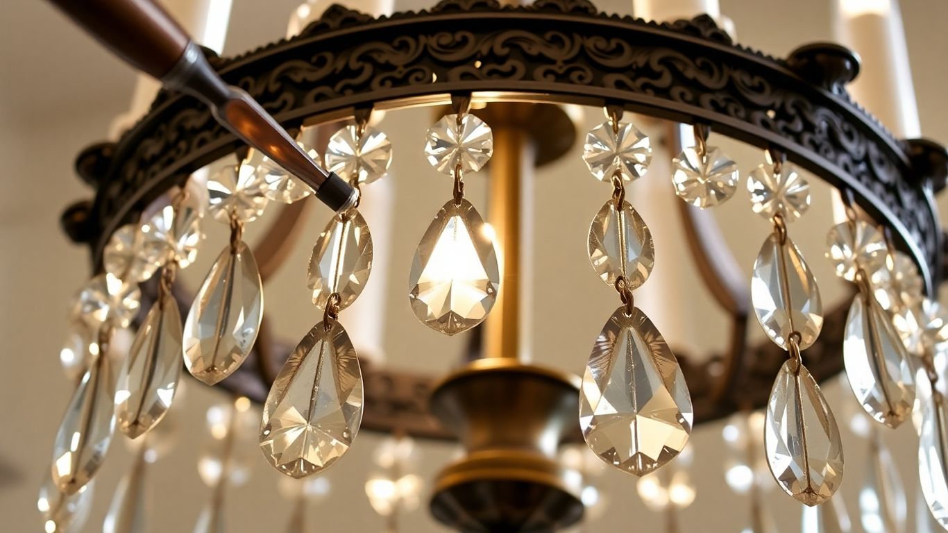 Crystal chandelier being refurbished, close-up detail.