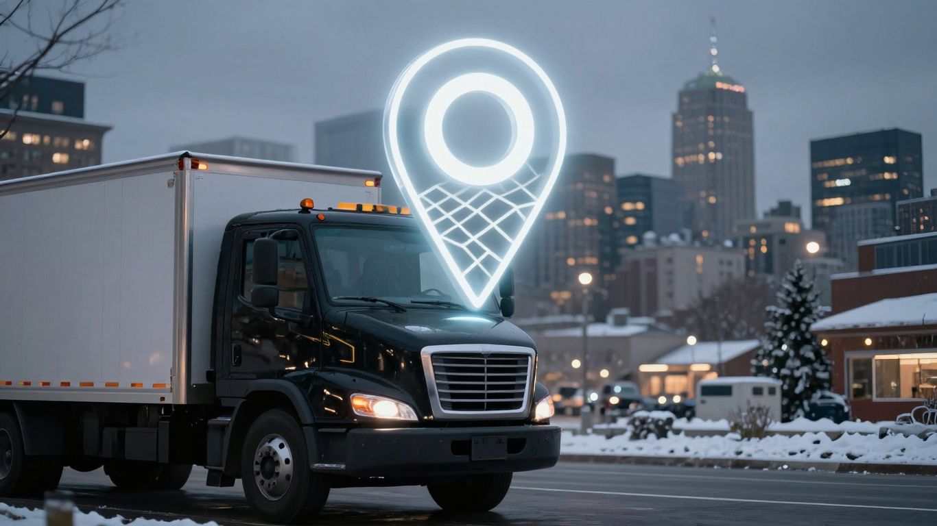 Contractor truck with glowing map pin above.