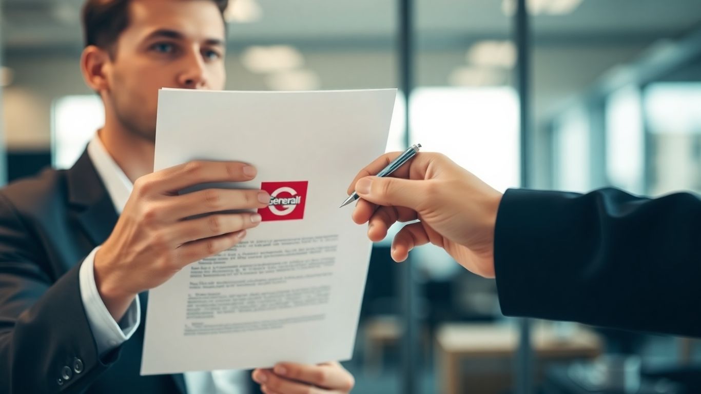 Persona cancelando seguro Generali con documento y bolígrafo.