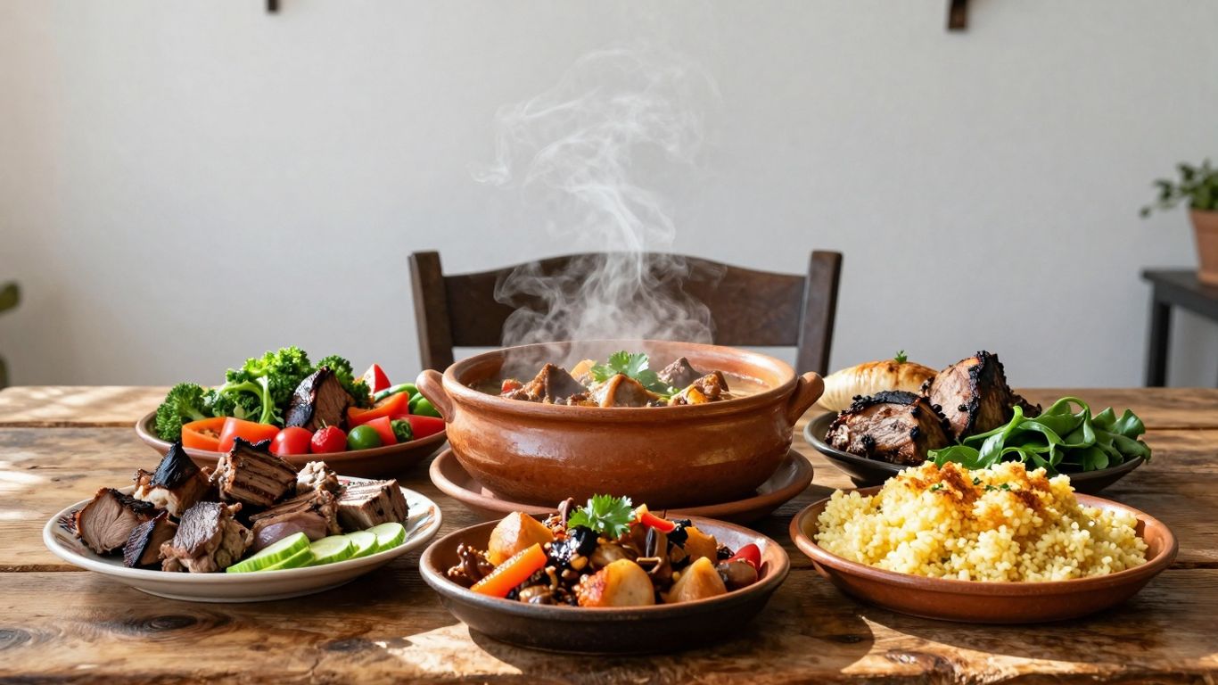 Farfurii cu mâncare tradițională românească pe o masă de lemn.