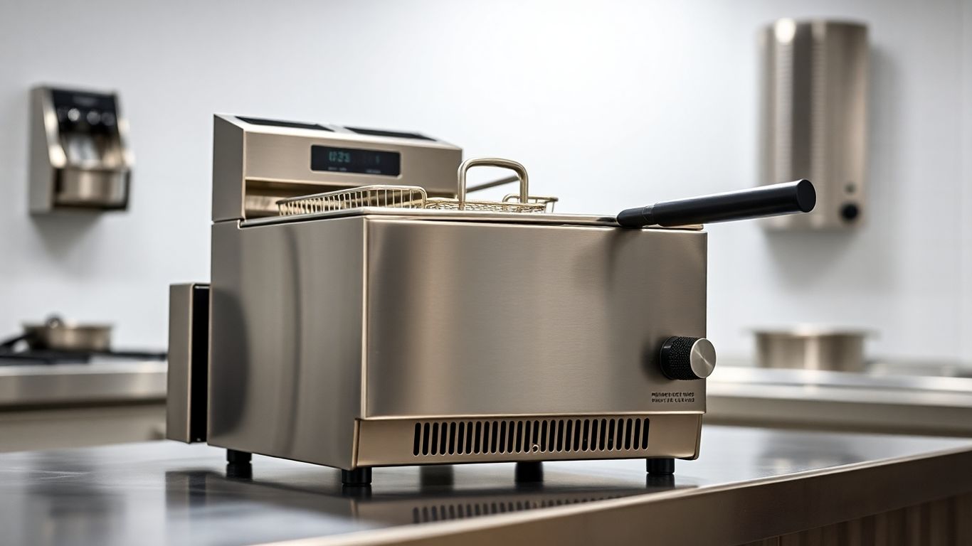 Commercial gas fryer in a modern UK kitchen.