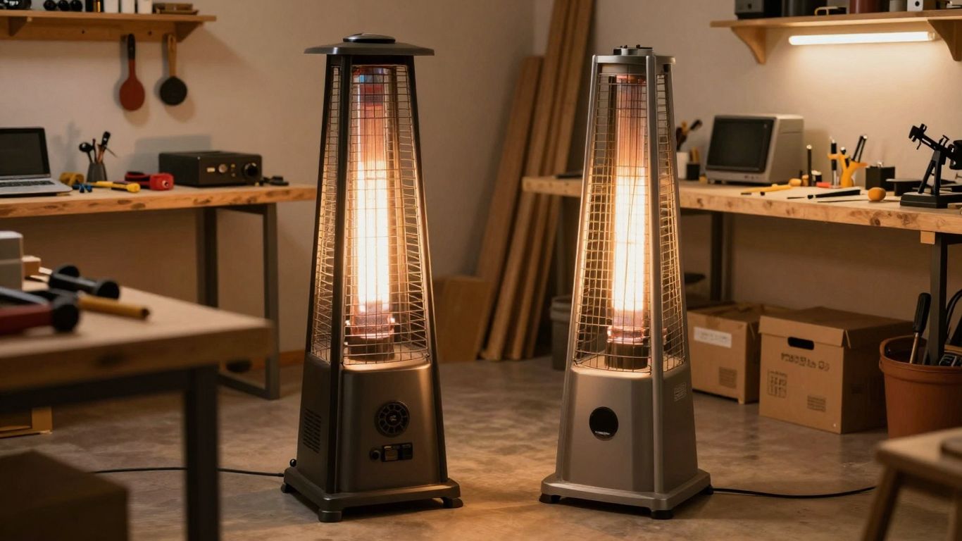 Propane heater warming a workshop interior.