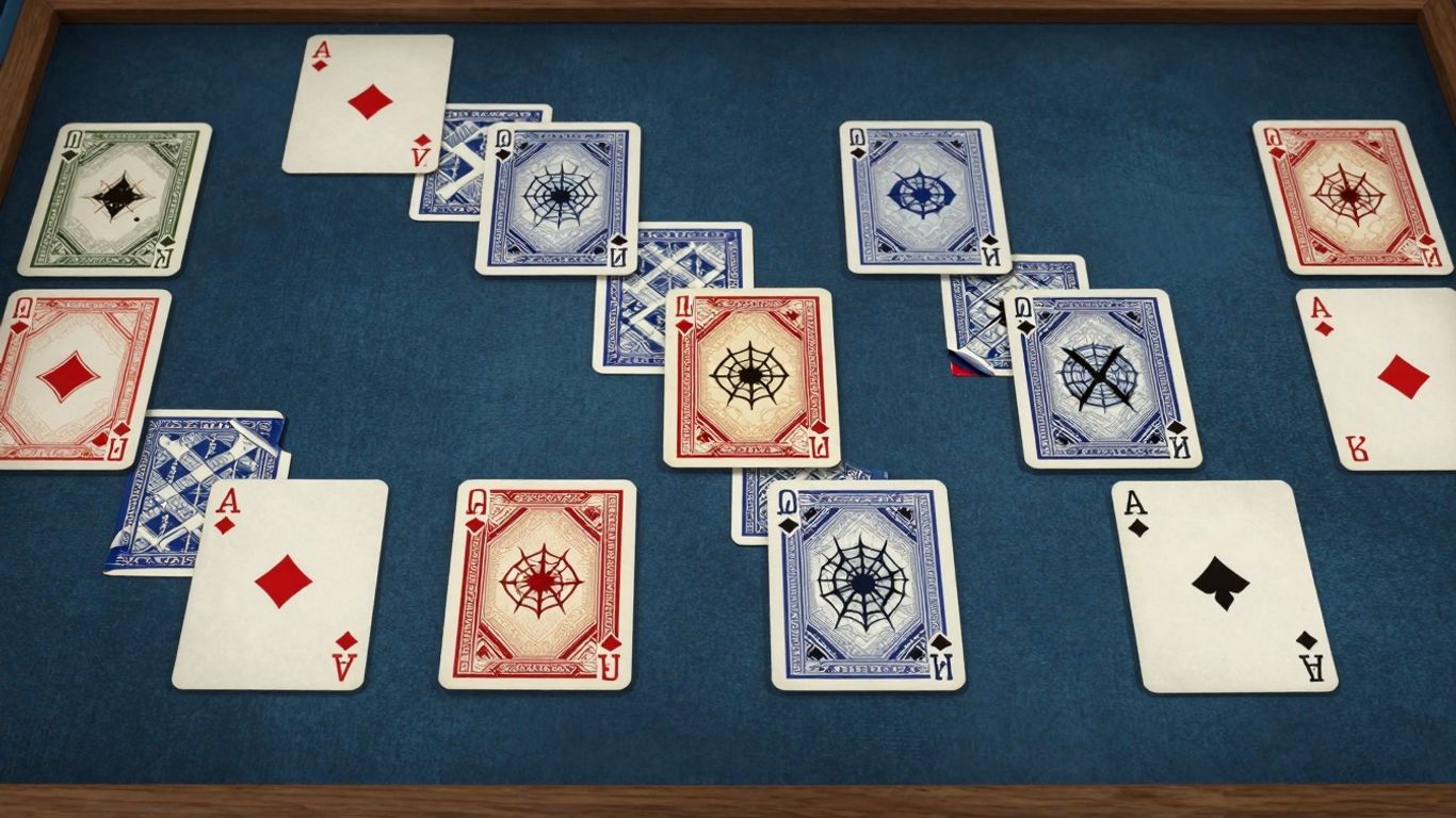 Spider Solitaire game with cascading cards.