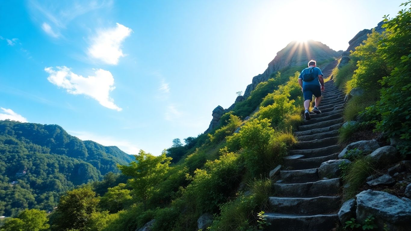 Person climbing mountain towards sunlit summit.