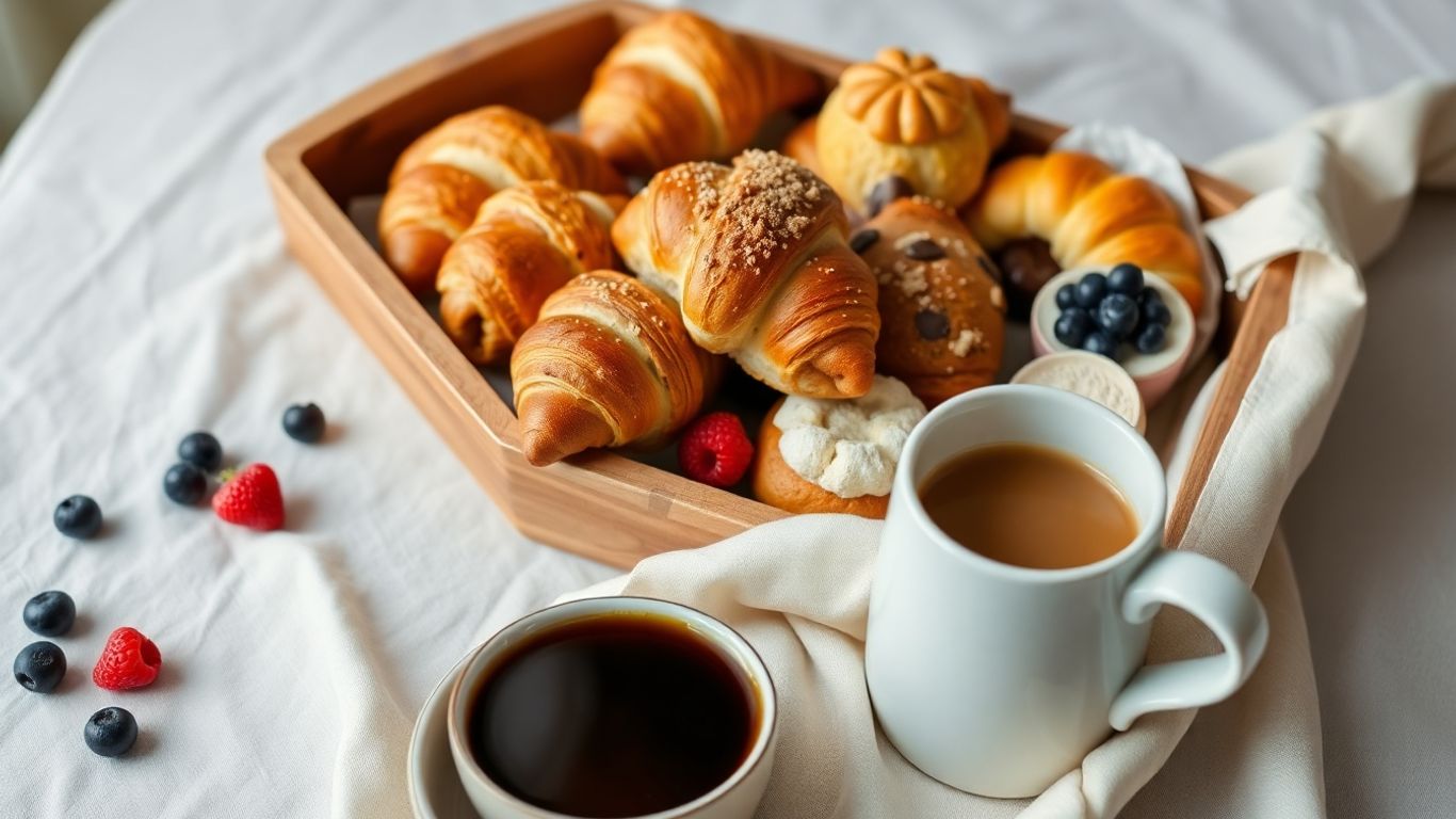 ครัวซองต์และเบเกอรี่หลากหลายในกล่องขนมสำหรับงานประชุม