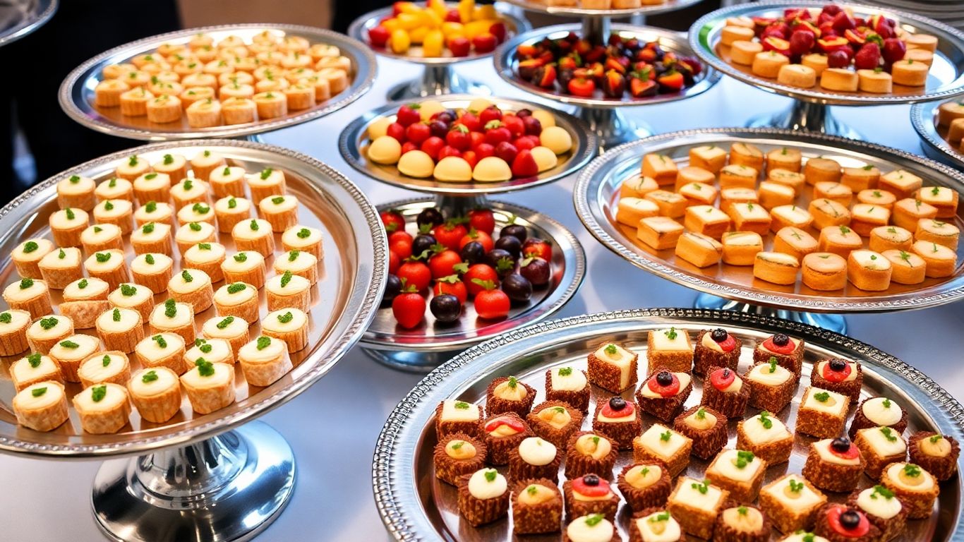 Elegant catering serving trays with assorted appetisers.