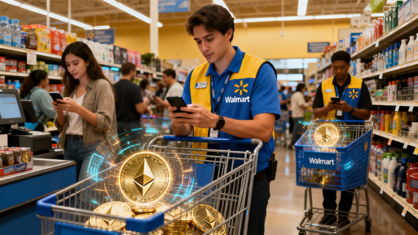 Shoppers use phones with Ethereum coins at Walmart.