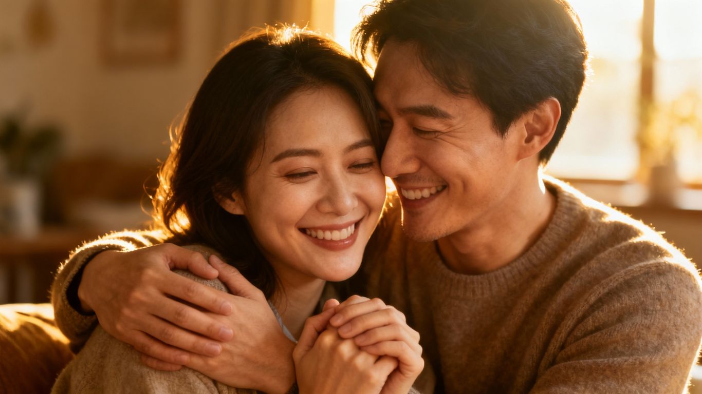 Couple embracing, hands intertwined, smiling warmly.