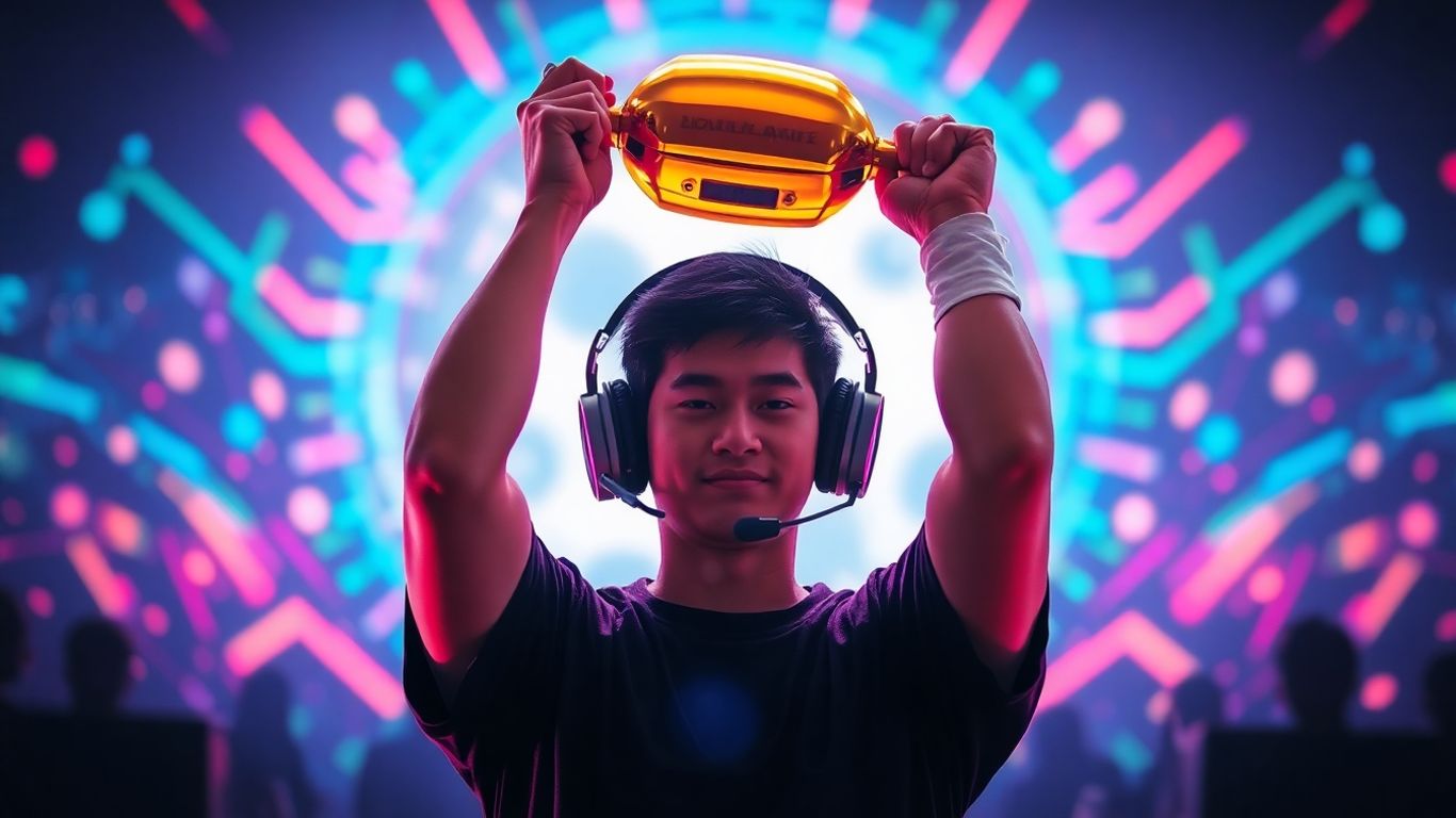 Esports player holding trophy, digital background