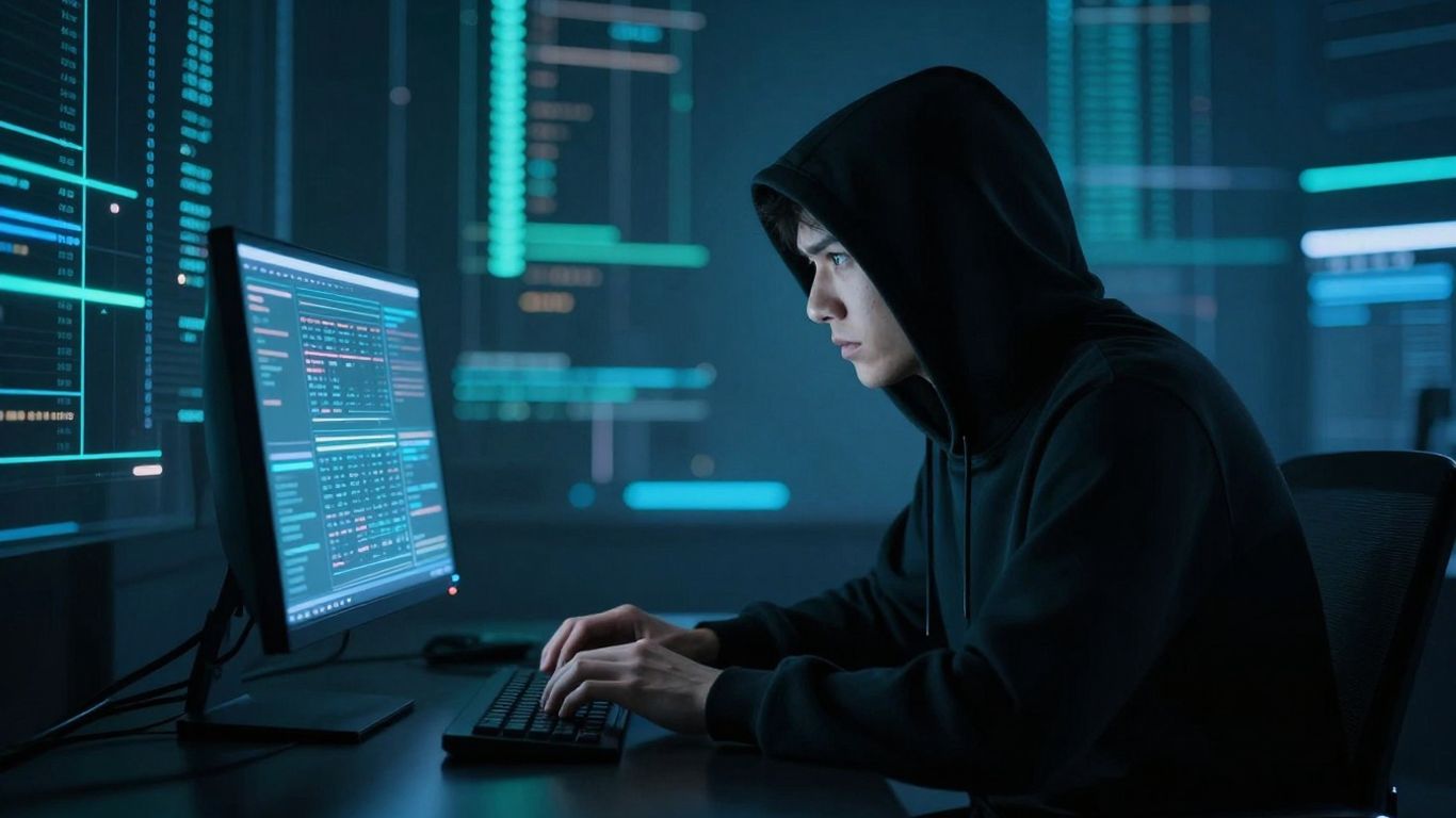 Hacker in hoodie at glowing computer screen.