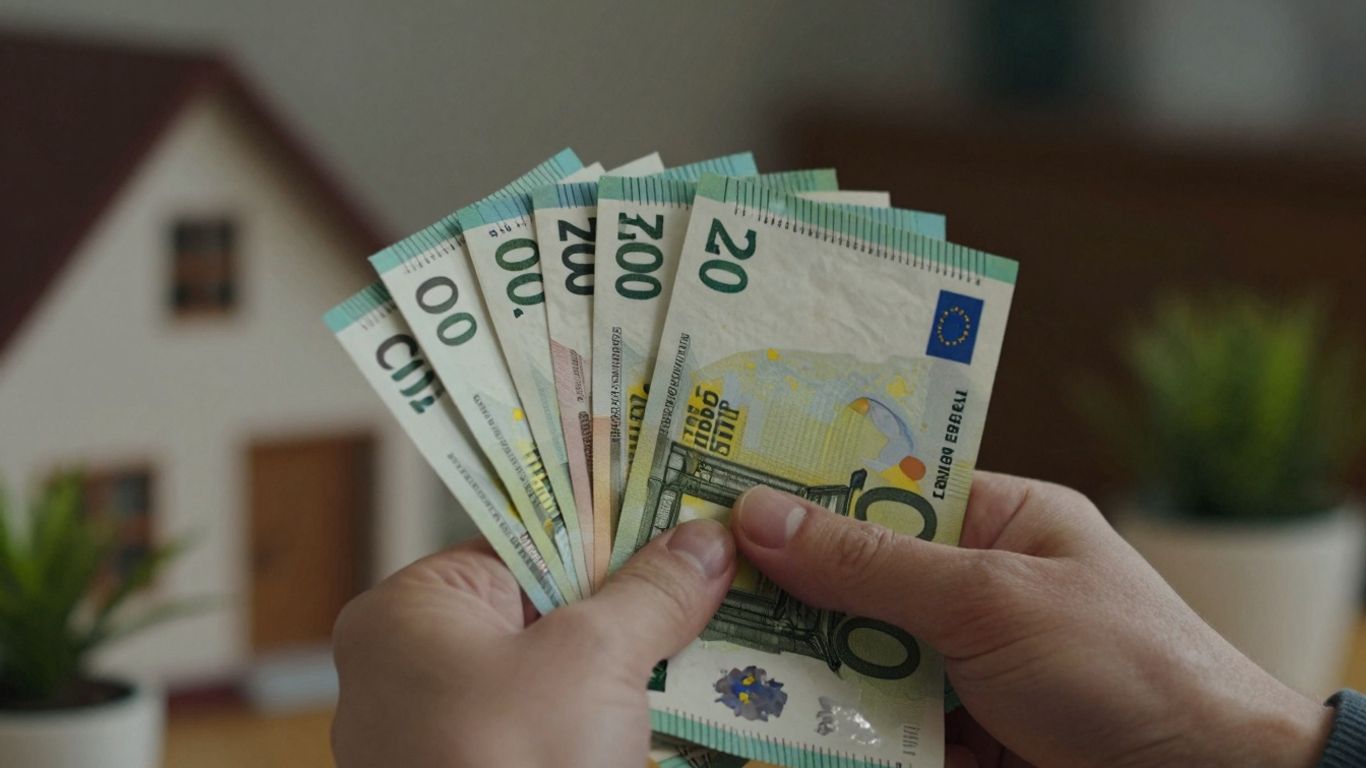Main d'une personne tenant des billets d'euros devant une maison.