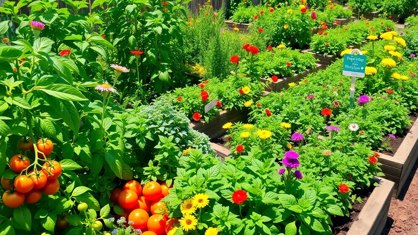 Companion planting vegetable garden layout with diverse plants.