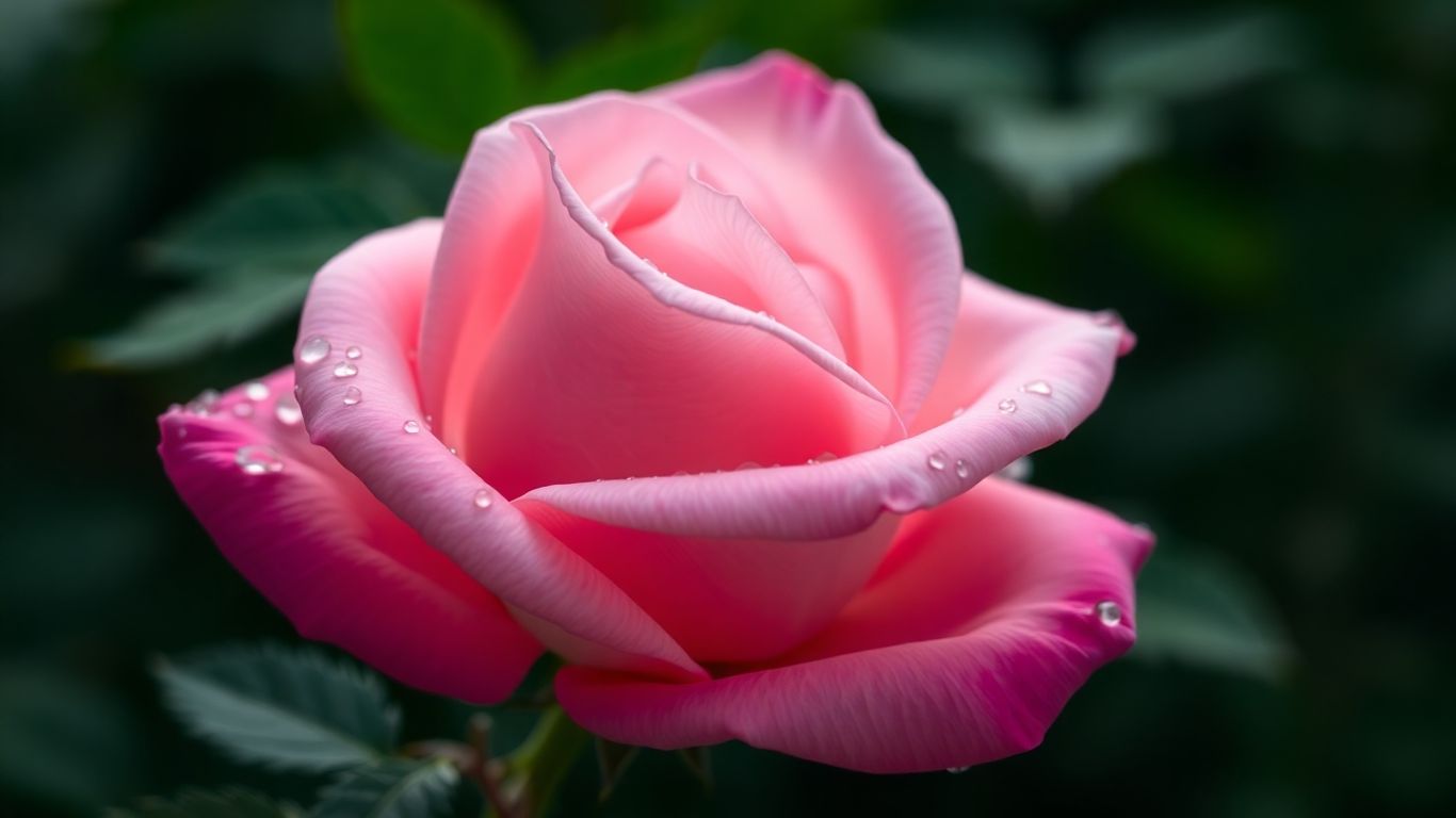 Pink rose with dewdrops, soft light, floral perfume
