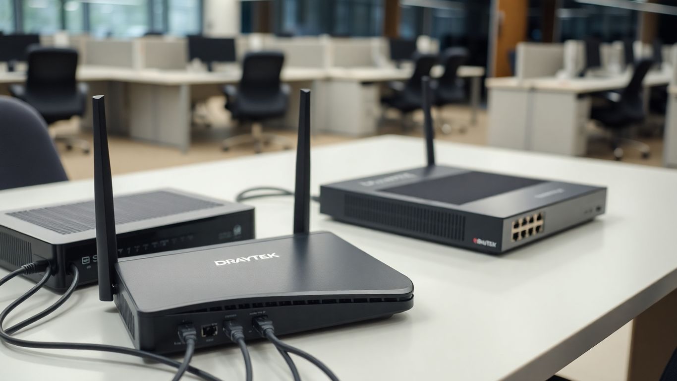 Office desk with DrayTek router and network equipment