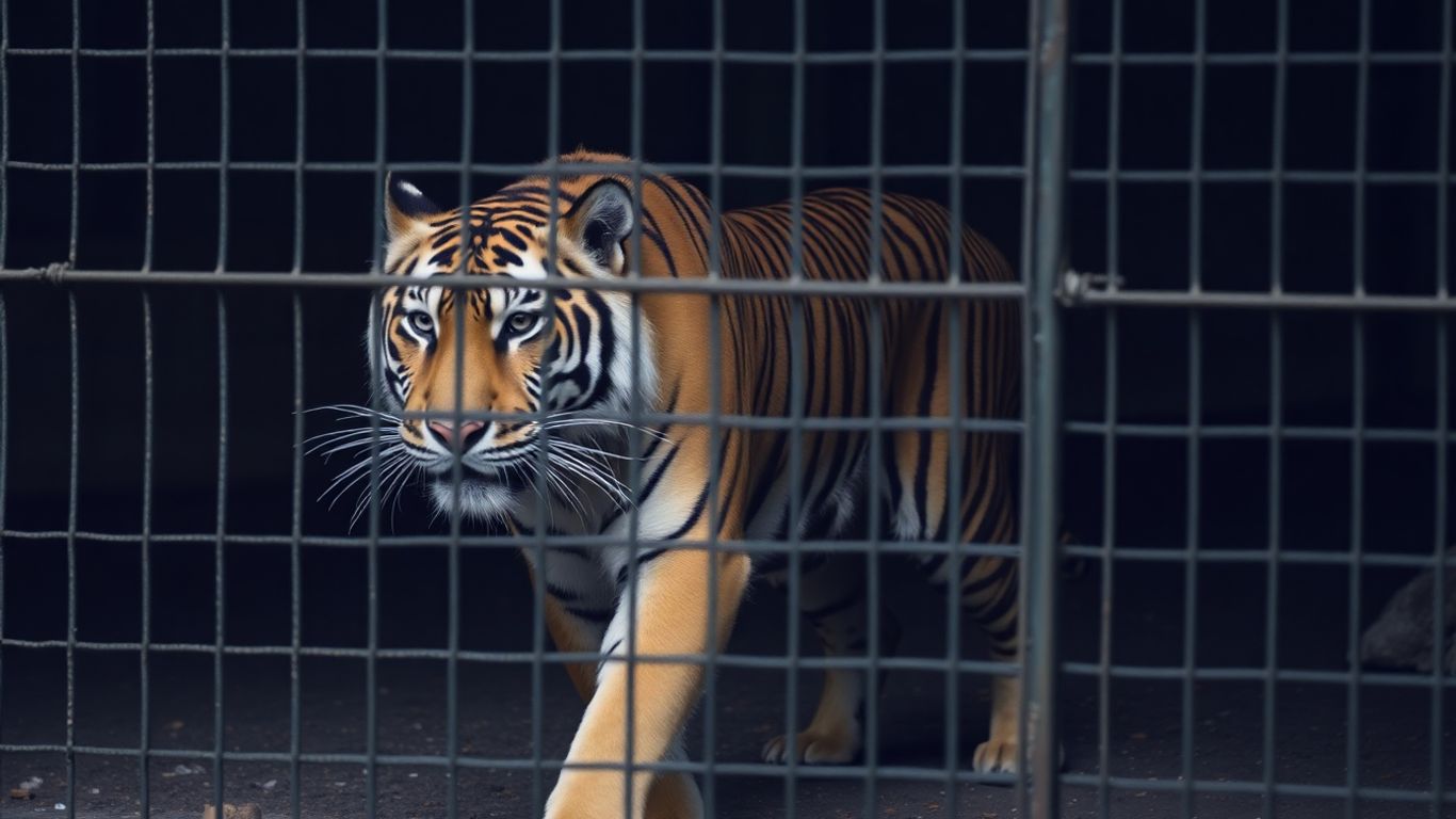 Tiger hinter einem stabilen Metallzaun