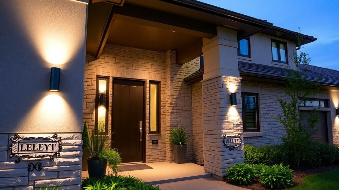 Modern home exterior with bright LED wall mount lights.