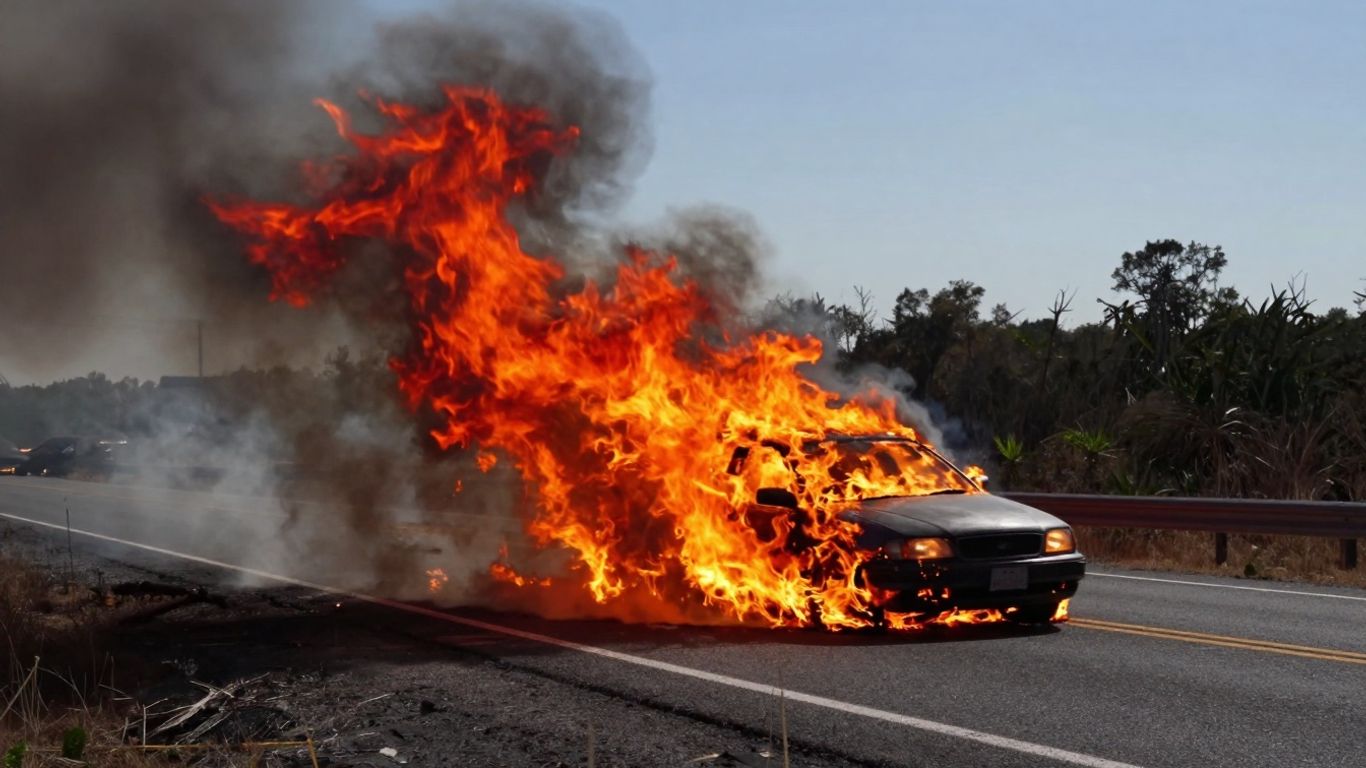Car on fire with smoke billowing upwards.