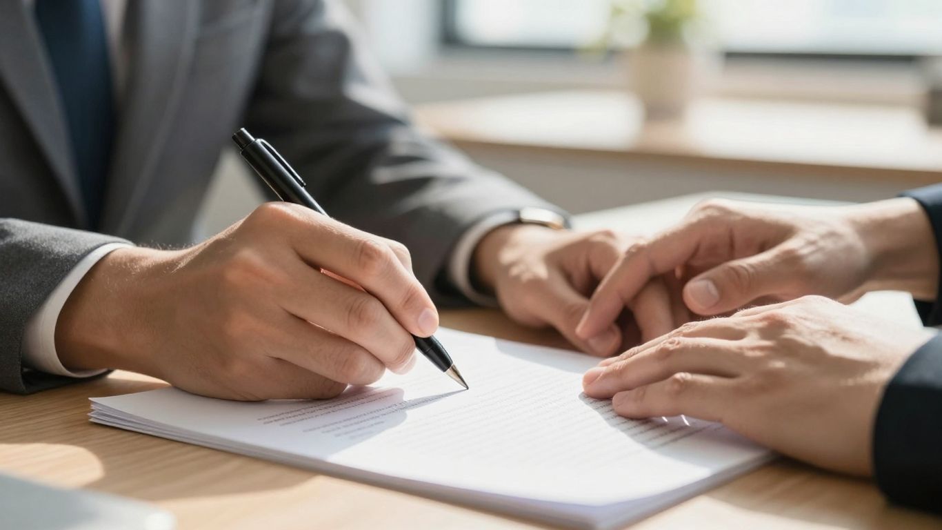 Hand signing legal document with another hand guiding.