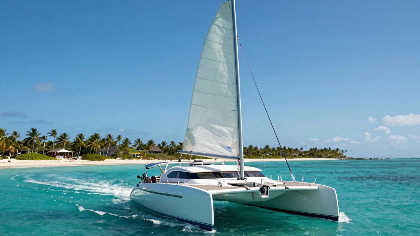 Catamaran sailing to a Bahamian island